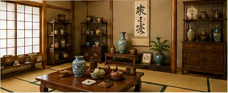 和室に置かれた遺品や家具、骨董品